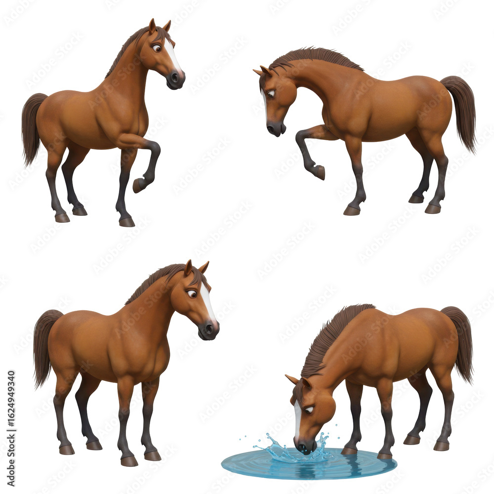 Obraz premium Cute 3D cartoon horse character collection. Set of brown horses, mares, and stallions walking and drinking water. Farm animal mascot isolated on transparent background.