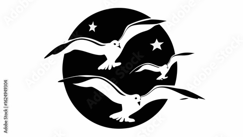 Illustration of a black circle with white seagulls and stars in a monochrome color scheme design art silhouette
