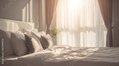 Serene hotel bedroom bathed in morning light, featuring minimalist decor and a neatly made bed.