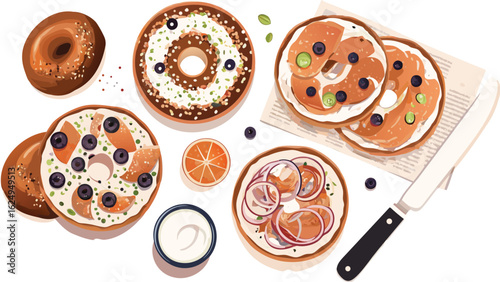 An assortment of bagels with various toppings and a knife arranged on a white surface top view