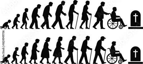 Human life cycle, silhouette stages, aging process, birth to death, male and female, conceptual art, evolution, mortality, timeline, aging