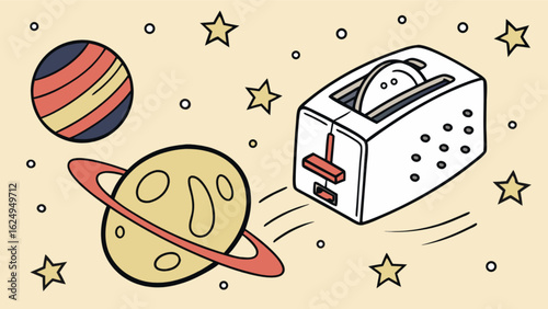 Toaster in space vector art illustration for kitchen appliances and cosmic adventures themed designs and graphics