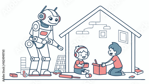 Robot babysitter playing with kids in playroom ai technology home automation future of childcare concept