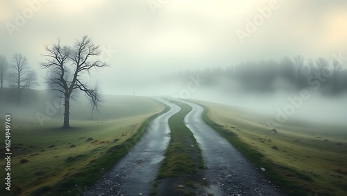 A misty path splits into two directions, symbolizing choices in a dreamlike setting.