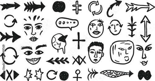 Collection of hand drawn black arrows and abstract faces with simple lines sketch drawing