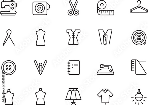 A diverse set of minimalist line art icons representing sewing, tailoring, and fashion design, perfect for crafters and designers