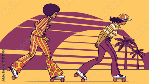 Retro roller skating girls in roller skates vintage style seventies disco era illustration design art