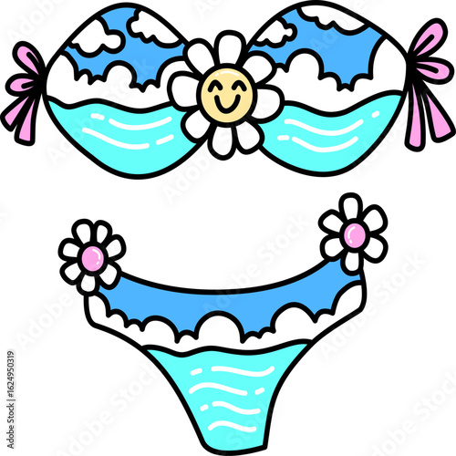 Groovy Summer Bikini Clipart with Flowers and Sun Doodle Illustration
