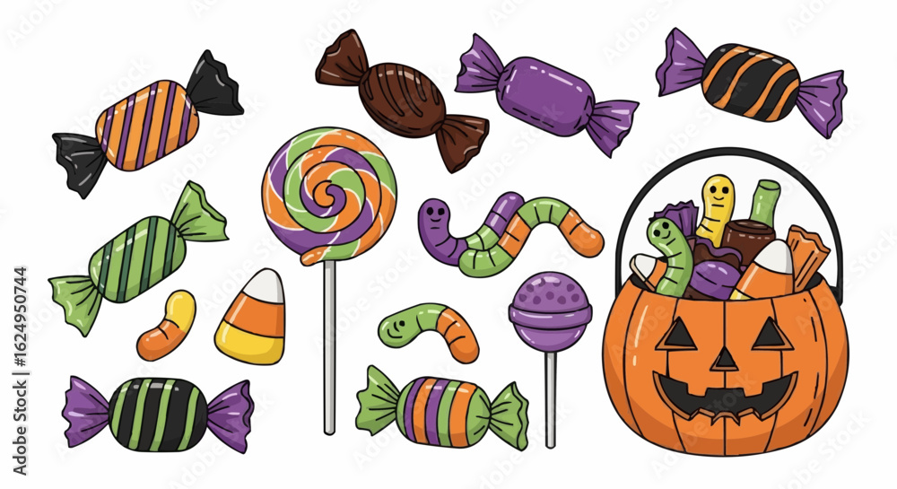 Naklejka premium Halloween candy set. Holiday sweets collection. Vector illustrations
