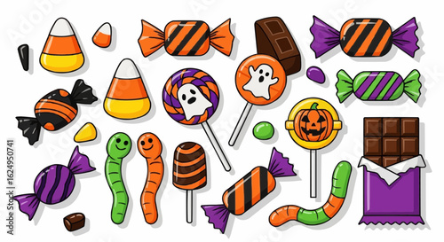 Halloween candy set. Holiday sweets collection. Vector illustrations

