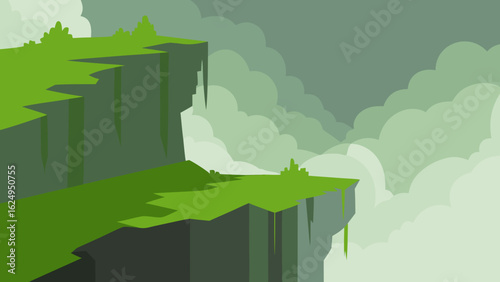 Foggy Cliffside with Moss Covered Rock Faces and Ethereal View