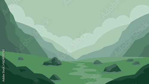 Foggy Valley Between Hills Covered in Soft Moss and Greenery