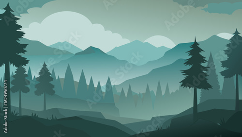 Foggy Morning in Dense Forest Landscape with Ethereal Mist