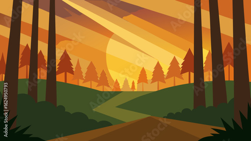 Forest Clearing with Filtered Sunset Beams Through Trees Scenic Light