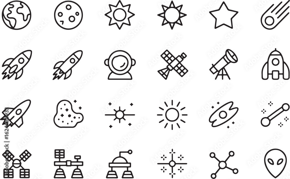 Fototapeta premium A diverse set of minimalist line art icons representing space exploration and celestial bodies