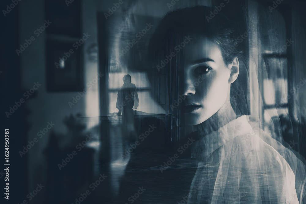 double exposure of ghost woman in haunted hotel with dark filter, halloween concept double exposure of ghost woman in haunted hotel with dark filter, halloween concept