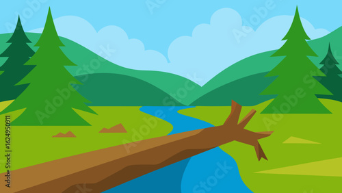 Forest Scene with Shallow River and Fallen Tree Trunk Natural View