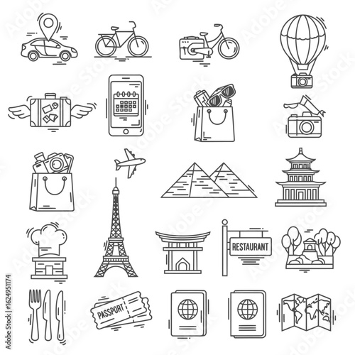 Travel icons collection transportation landmarks and objects