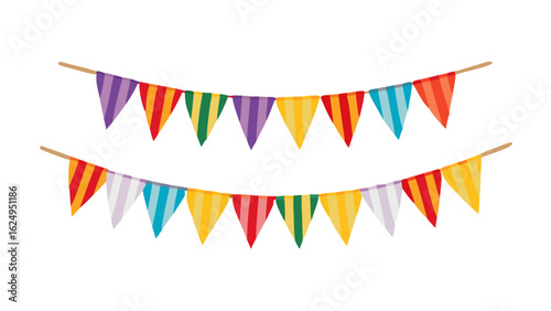 Two rows of colorful striped pennant banners strung on wooden sticks isolated on transparent background