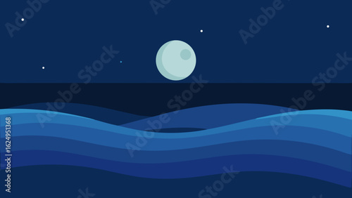 Horizon View of Ocean Under Moonlight with Soft Waves Night Scene