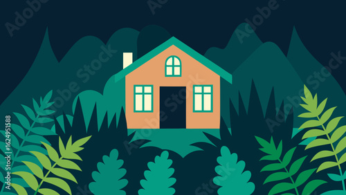 House Surrounded by Thick Ferns and Jungle Vines Lush Tropical Scene