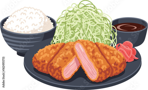Tonkatsu Teishoku, Japanese Pork Cutlet Set Meal Vector Illustration
