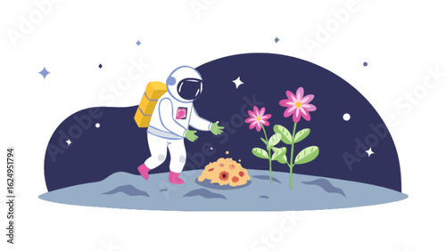 Astronaut discovering flowers on moon surface exploring space exploration and cosmic botany illustration art