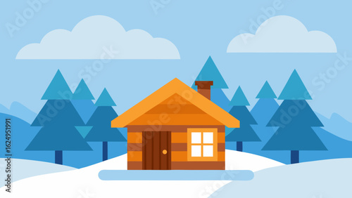 Isolated Wooden Hut in a Snow Covered Forest Winter Wonderland Scene