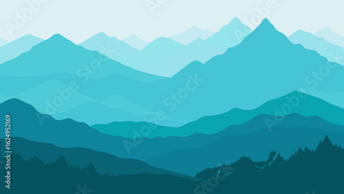 Layered Hills and Mountains with Morning Fog Flat Design