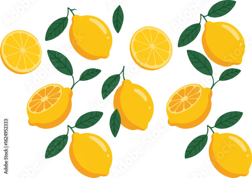 Fresh Lemons Seamless Pattern Design. Hand Drawn Colorful Background with Citrus Fruits and Leaves. Flat Cartoon Vector Illustration.