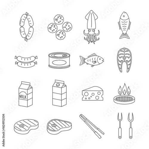 Assorted food and cooking items sausages cookies