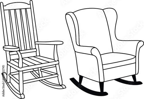 Classic wooden rocking chair, modern upholstered rocking chair, side-by-side comparison, comfortable seating, home decor, living room furniture, stylish, relaxing