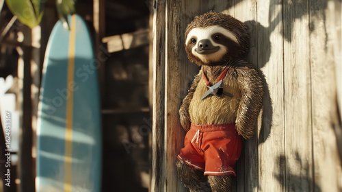 Realistic sloth in red lifeguard outfit with whistle,