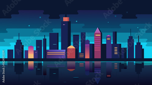 Night City Skyline with Glowing Lights and Reflection