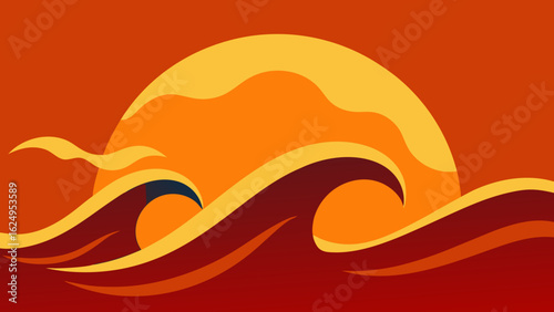 Ocean Wave with Fiery Sunset Reflections on Crest Dynamic Art