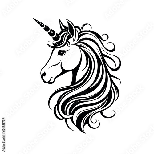Illustration of a unicorn head with flowing mane 