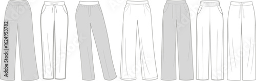 Women’s pants collection cad drawing flat vector illustration, multiple trouser styles front view, technical fashion sketch, casual and formal garment template set