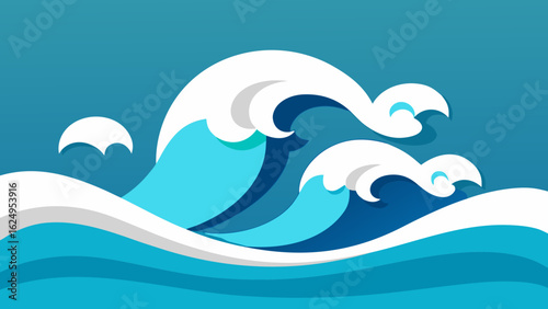 Paper Cut Effect of Stylized Waves and Sea Ocean Art