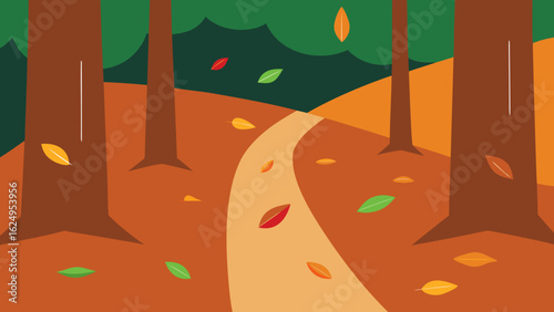 Paper Cut Forest Trail with Colorful Leaves Scattered Design