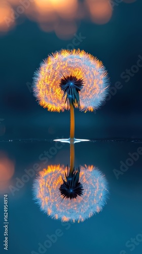 Illuminated Dandelion Reflection: A Serene Sunset Scene