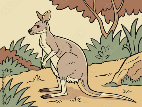 Cute kangaroo in a serene Australian landscape drawing.  A charming illustration of a kangaroo standing in a peaceful Australian outback scene. 