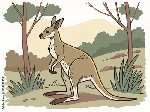 Cute kangaroo in a serene Australian landscape drawing.  A charming illustration of a kangaroo standing in a peaceful Australian outback scene. 