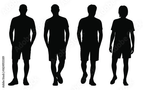 Vector art of silhouette of four men standing and walking isolated on white background