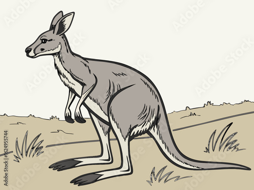 Cute kangaroo in a serene Australian landscape drawing.  A charming illustration of a kangaroo standing in a peaceful Australian outback scene. 