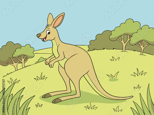 Cute kangaroo in a serene Australian landscape drawing.  A charming illustration of a kangaroo standing in a peaceful Australian outback scene. 