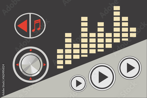 Illustration of a music player interface with rewind, volume, play buttons and equalizer bars