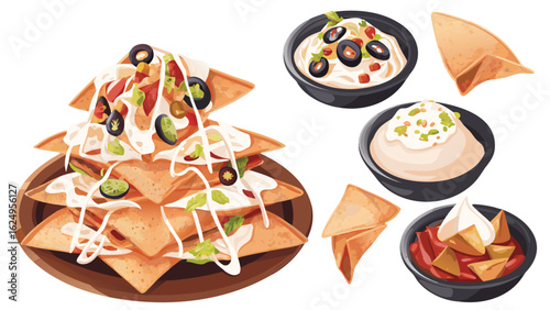 A delicious platter of nachos with various toppings and sides of creamy dips and sauces served together