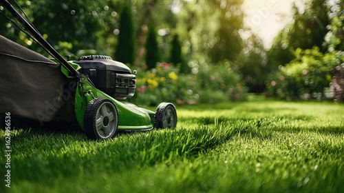 A freshly mowed green lawn with a lawnmower resting on it, surrounded by a blurred background of a well-maintained garden.

