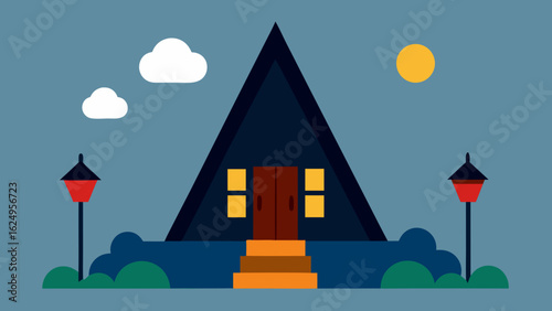 A Frame House with Lanterns Stepping Stone Path Cozy Home Design Inviting Entrance