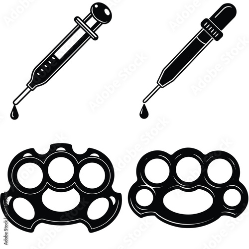 Vector art of black and white illustration of a syringe, pipette and brass knuckles isolated on white background